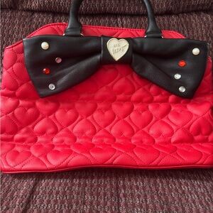 Betsey Johnson Red Quilted Heart Satchel with Black Bow